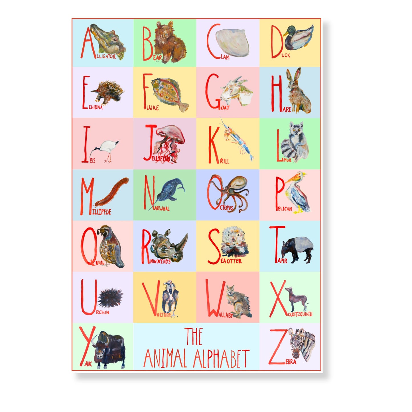 Animal Alphabet Pastel Art Print | Hand-Painted Nursery Poster | A1 A2 A3 | McBs